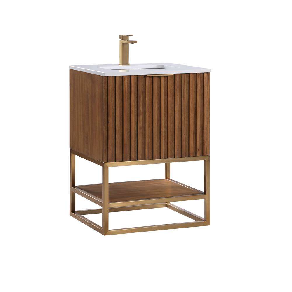 Bemma Design Terra 24'' Bathroom Vanity, Walnut and Satin Brass with White Granite top