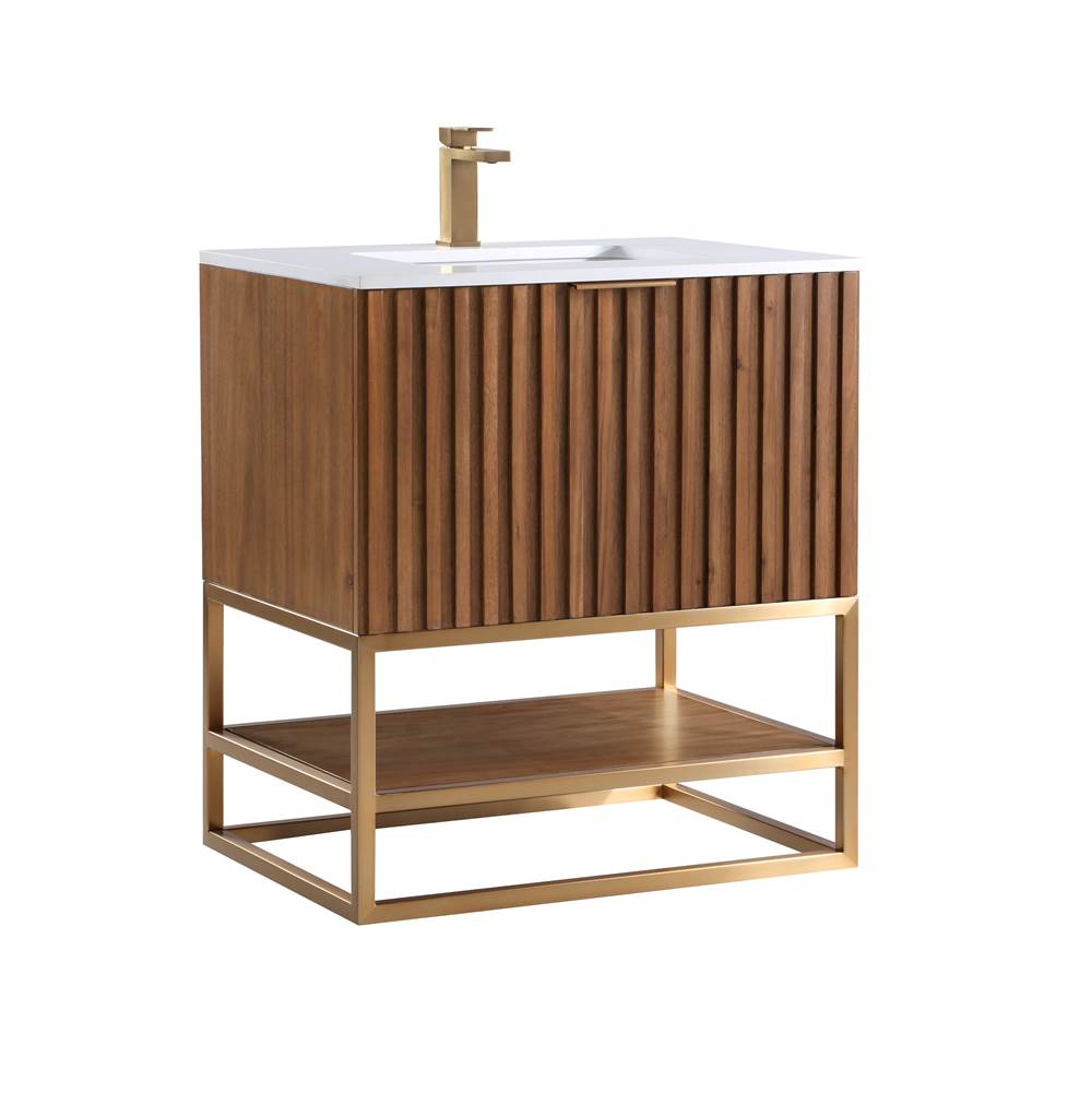 Bemma Design Terra 30'' Bathroom Vanity, Walnut and Satin Brass with White Granite top