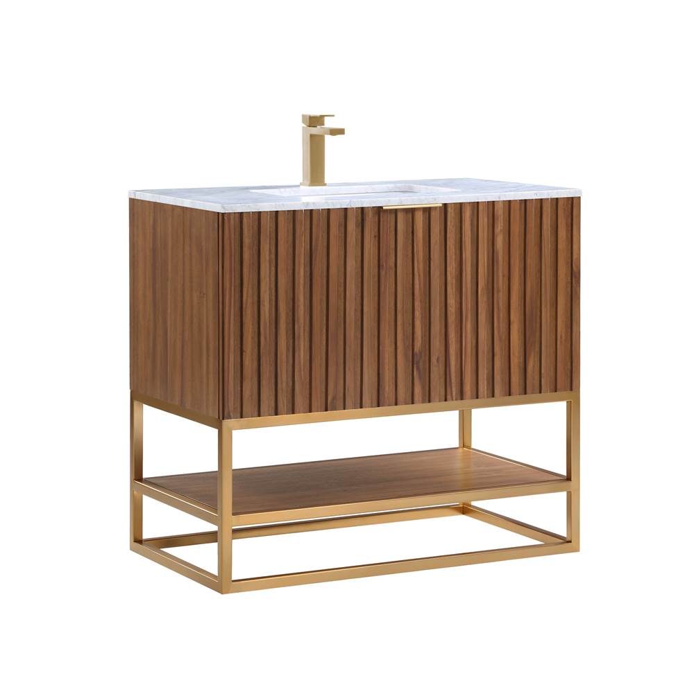Bemma Design Terra 36'' Bathroom Vanity, Walnut and Satin Brass with Carrara Marble top