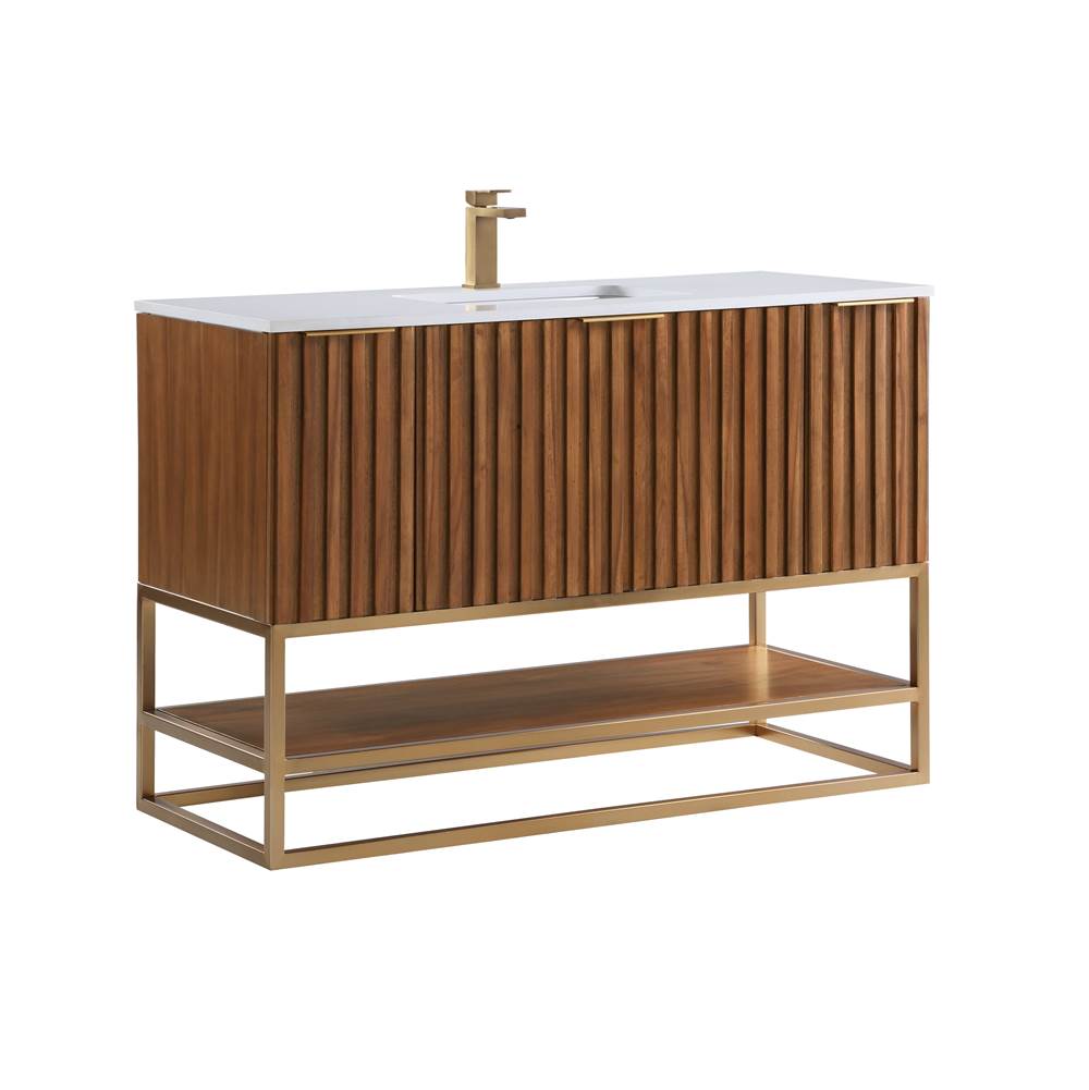 Bemma Design Terra 48'' Bathroom Vanity, Walnut and Satin Brass with White Granite top