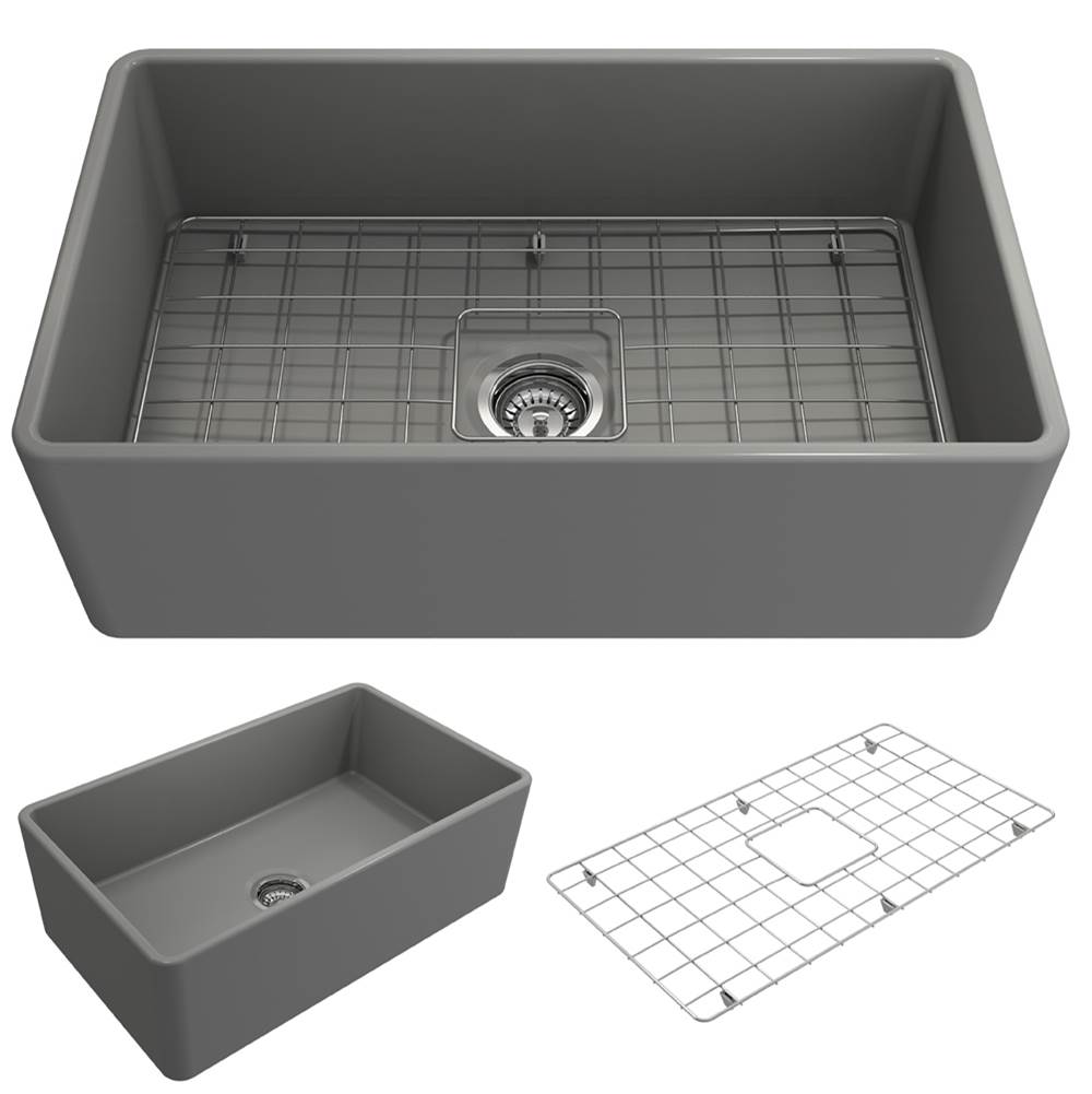 BOCCHI Classico Farmhouse Apron Front Fireclay 30 in. Single Bowl Kitchen Sink with Protective Bottom Grid and Strainer in Matte Gray