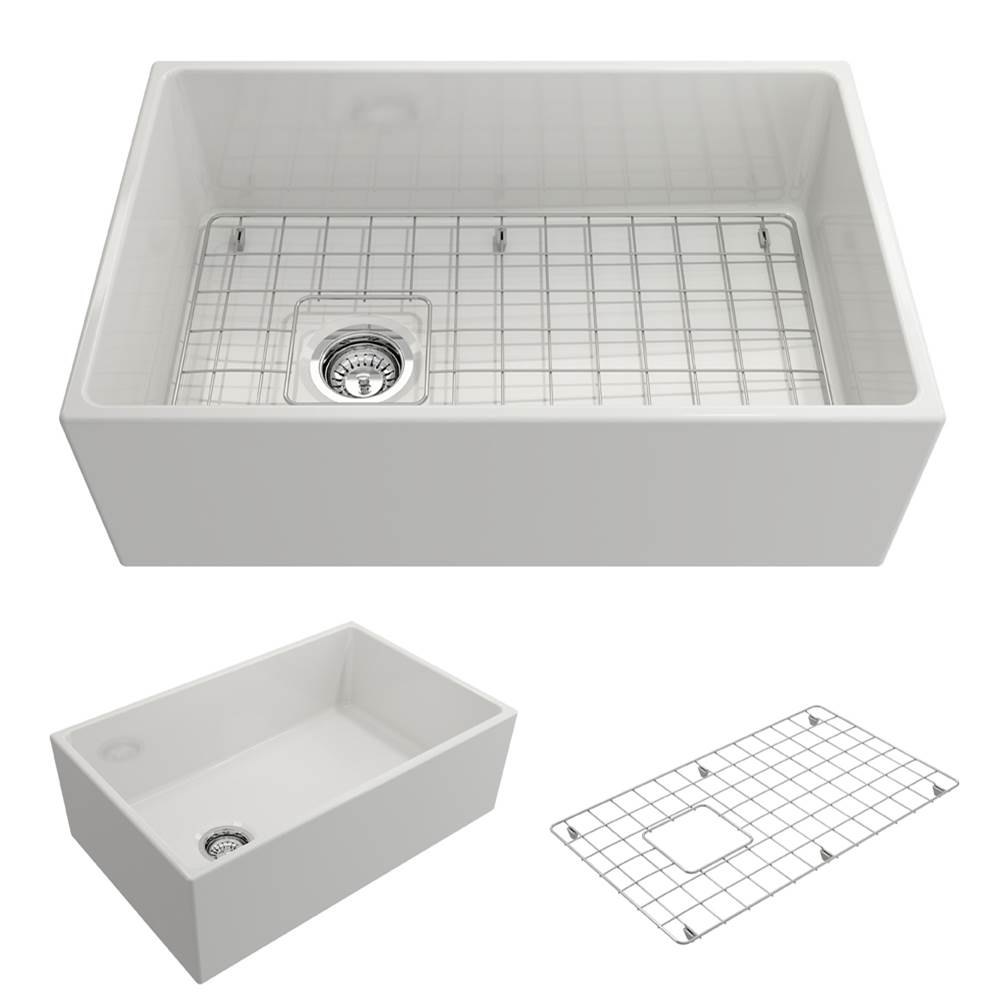 BOCCHI Contempo Apron Front Fireclay 30 in. Single Bowl Kitchen Sink with Protective Bottom Grid and Strainer in White
