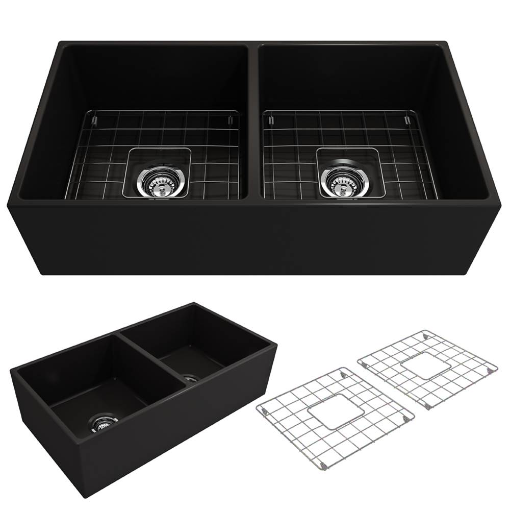 BOCCHI Contempo Apron Front Fireclay 36 in. Double Bowl Kitchen Sink with Protective Bottom Grids and Strainers in Black