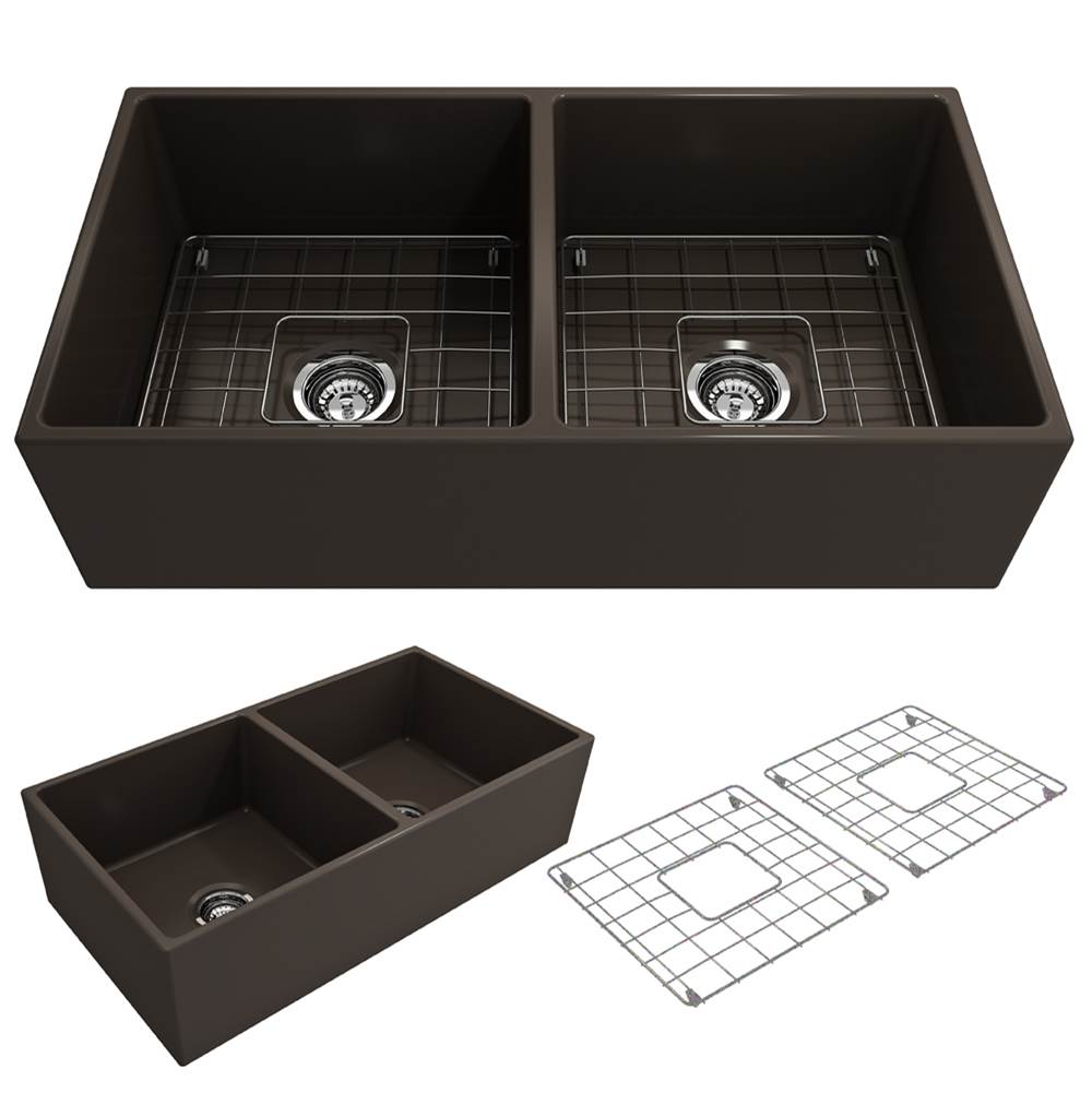 BOCCHI Contempo Apron Front Fireclay 36 in. Double Bowl Kitchen Sink with Protective Bottom Grids and Strainers in Matte Brown