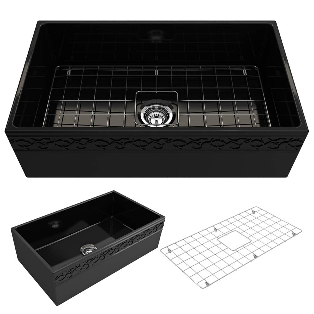 BOCCHI Vigneto Apron Front Fireclay 33 in. Single Bowl Kitchen Sink with Protective Bottom Grid and Strainer in Black