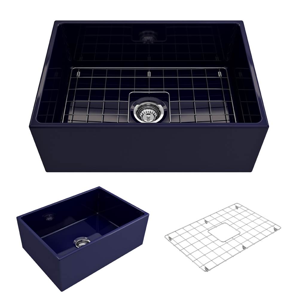 BOCCHI Contempo Apron Front Fireclay 27 in. Single Bowl Kitchen Sink with Protective Bottom Grid and Strainer in Sapphire Blue