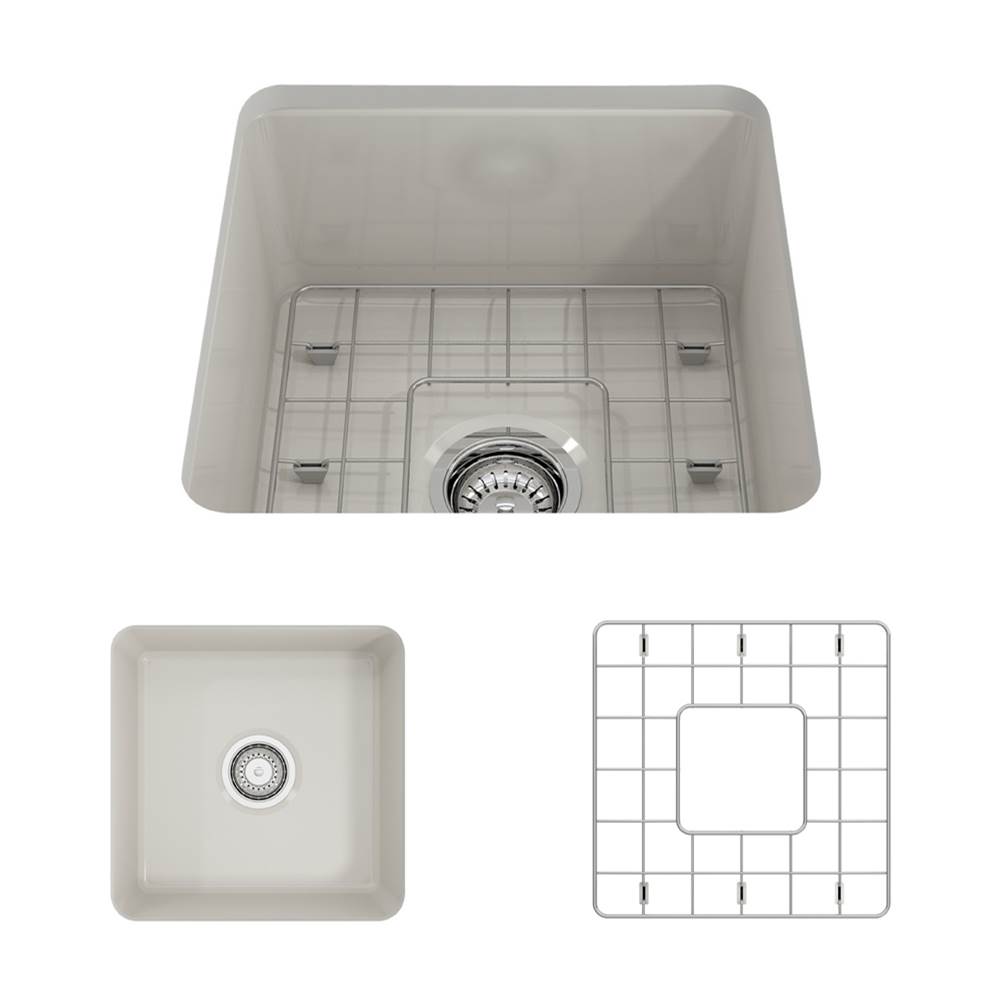BOCCHI Sotto Dual-mount Fireclay 18 in. Single Bowl Bar Sink with Protective Bottom Grid and Strainer in Biscuit