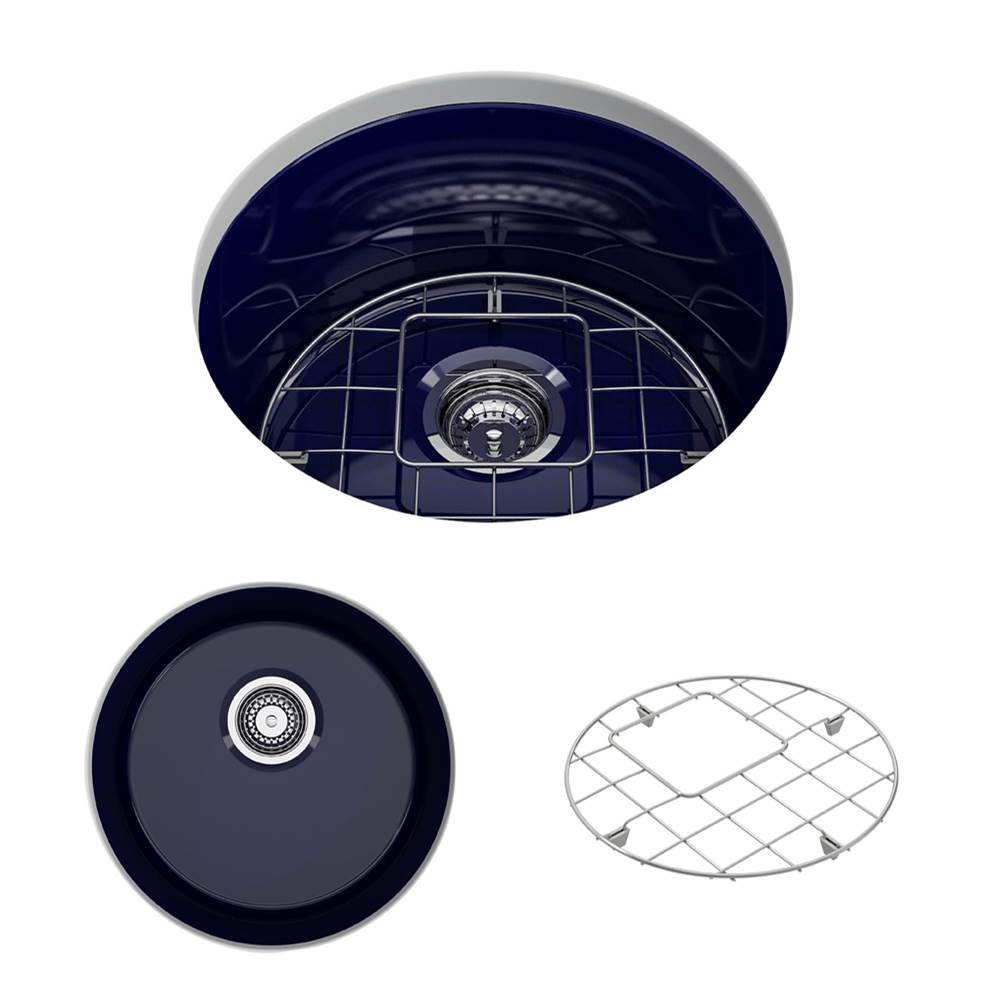 BOCCHI Sotto Round Dual-mount Fireclay 18.5 in. Single Bowl Bar Sink with Protective Bottom Grid and Strainer in Sapphire Blue