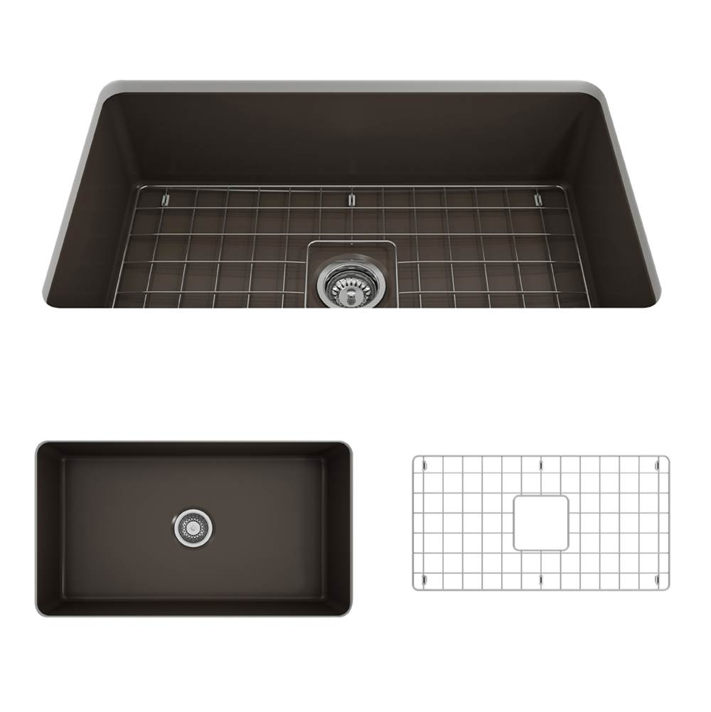 BOCCHI Sotto Dual-mount Fireclay 32 in. Single Bowl Kitchen Sink with Protective Bottom Grid and Strainer in Matte Brown