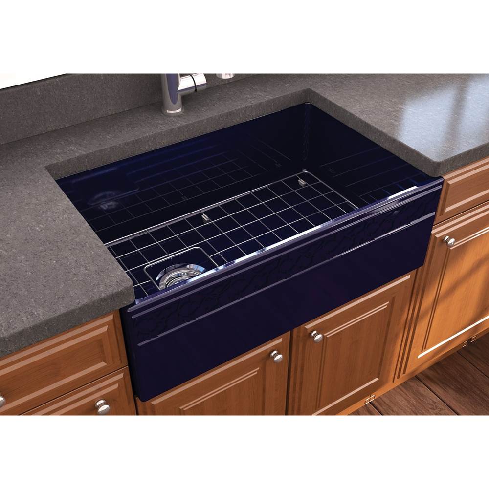 BOCCHI Vigneto Apron Front Fireclay 30 in. Single Bowl Kitchen Sink with Protective Bottom Grid and Strainer in Sapphire Blue
