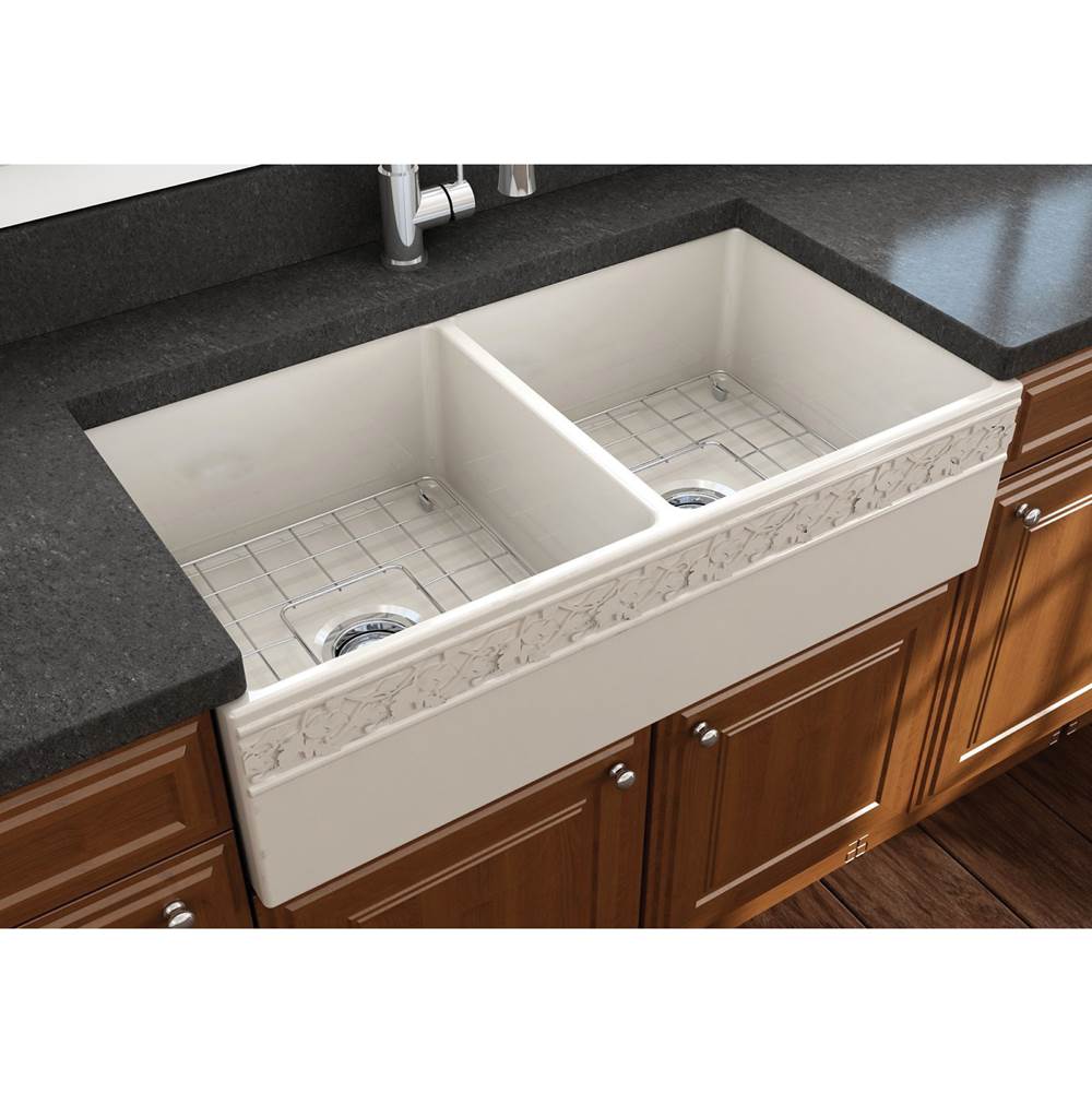 BOCCHI Vigneto Apron Front Fireclay 36 in. Double Bowl Kitchen Sink with Protective Bottom Grids and Strainers in Biscuit