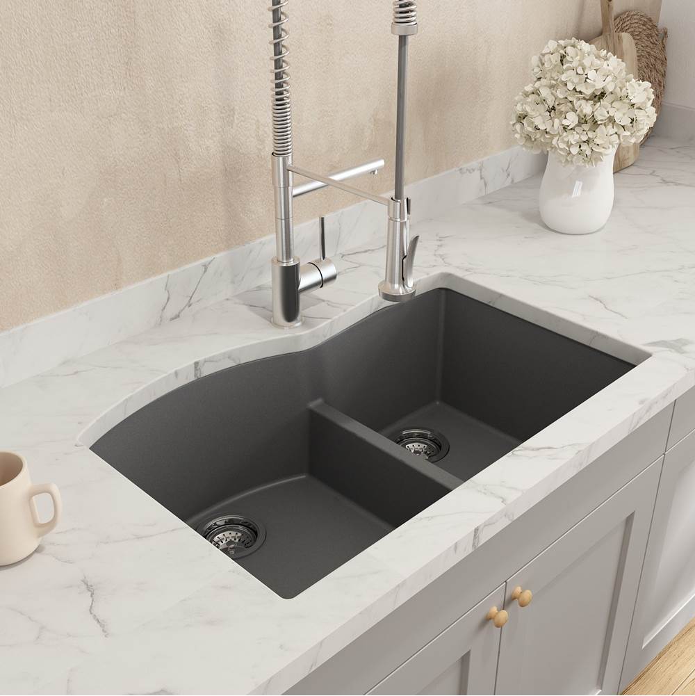 BOCCHI Campino Duo Dual Mount Granite Composite 33 in. 60/40 Double Bowl Kitchen Sink with Strainers in Concrete Gray