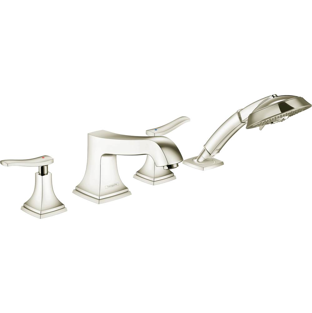 Hansgrohe Metropol Classic 4-Hole Roman Tub Set Trim with Lever Handles and 1.8 GPM Handshower in Polished Nickel