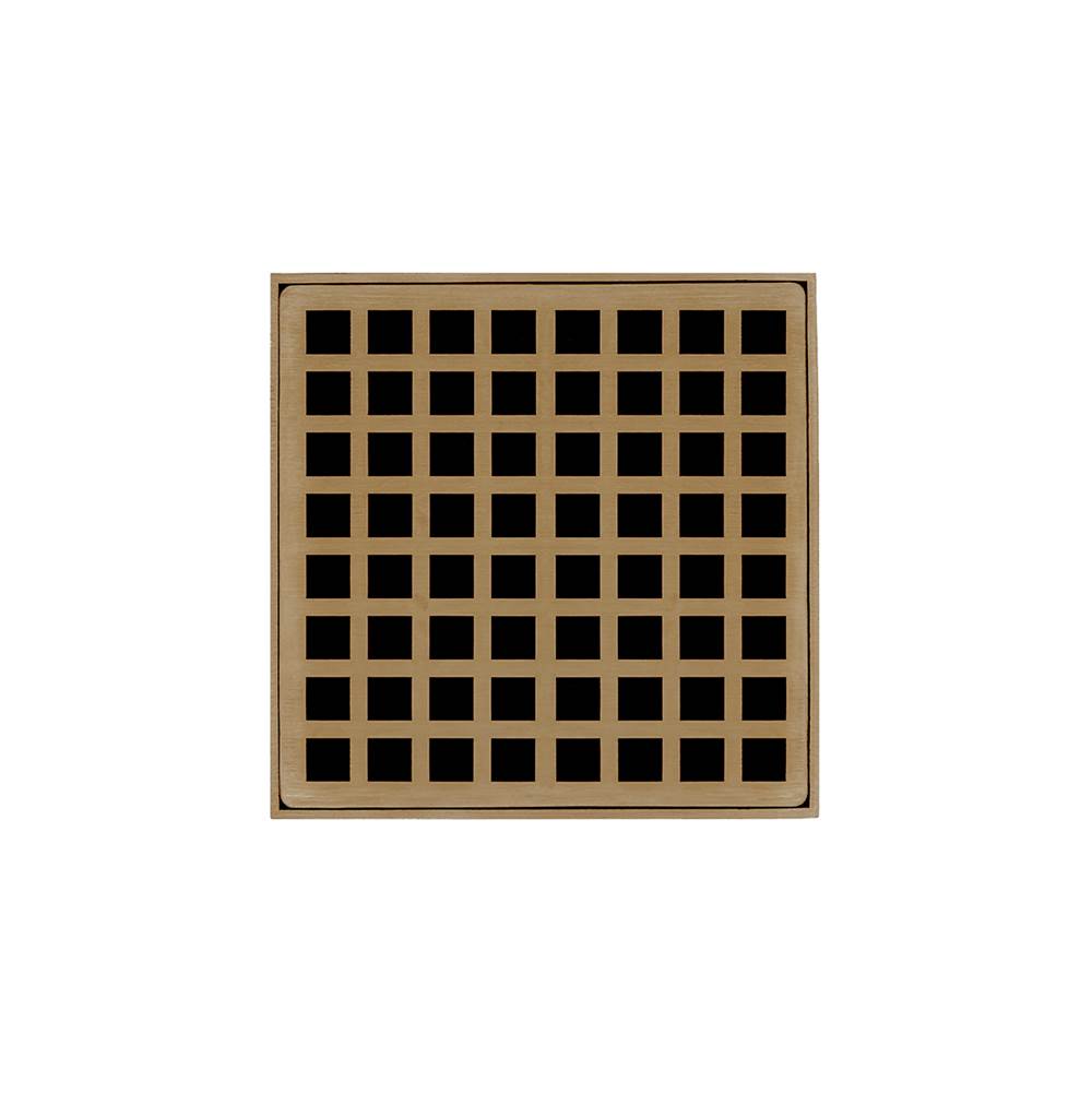 Infinity Drain 5'' x 5'' QDB 5 Complete Kit with Squares Pattern Decorative Plate in Satin Bronze with Stainless Steel Bonded Flange Drain Body, 2'' No Hub Outlet