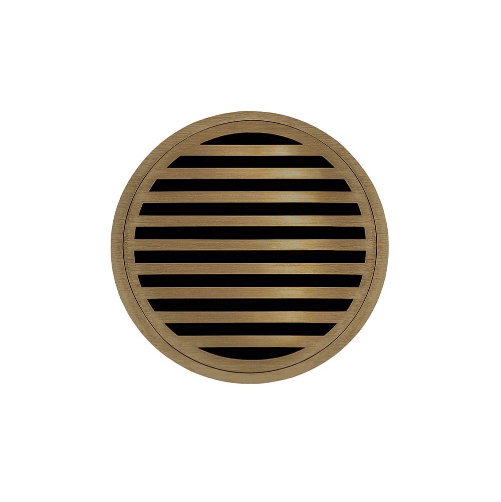 Infinity Drain 5'' Round RND 5 Complete Kit with Lines Pattern Decorative Plate in Satin Bronze with Cast Iron Drain Body, 2'' Outlet