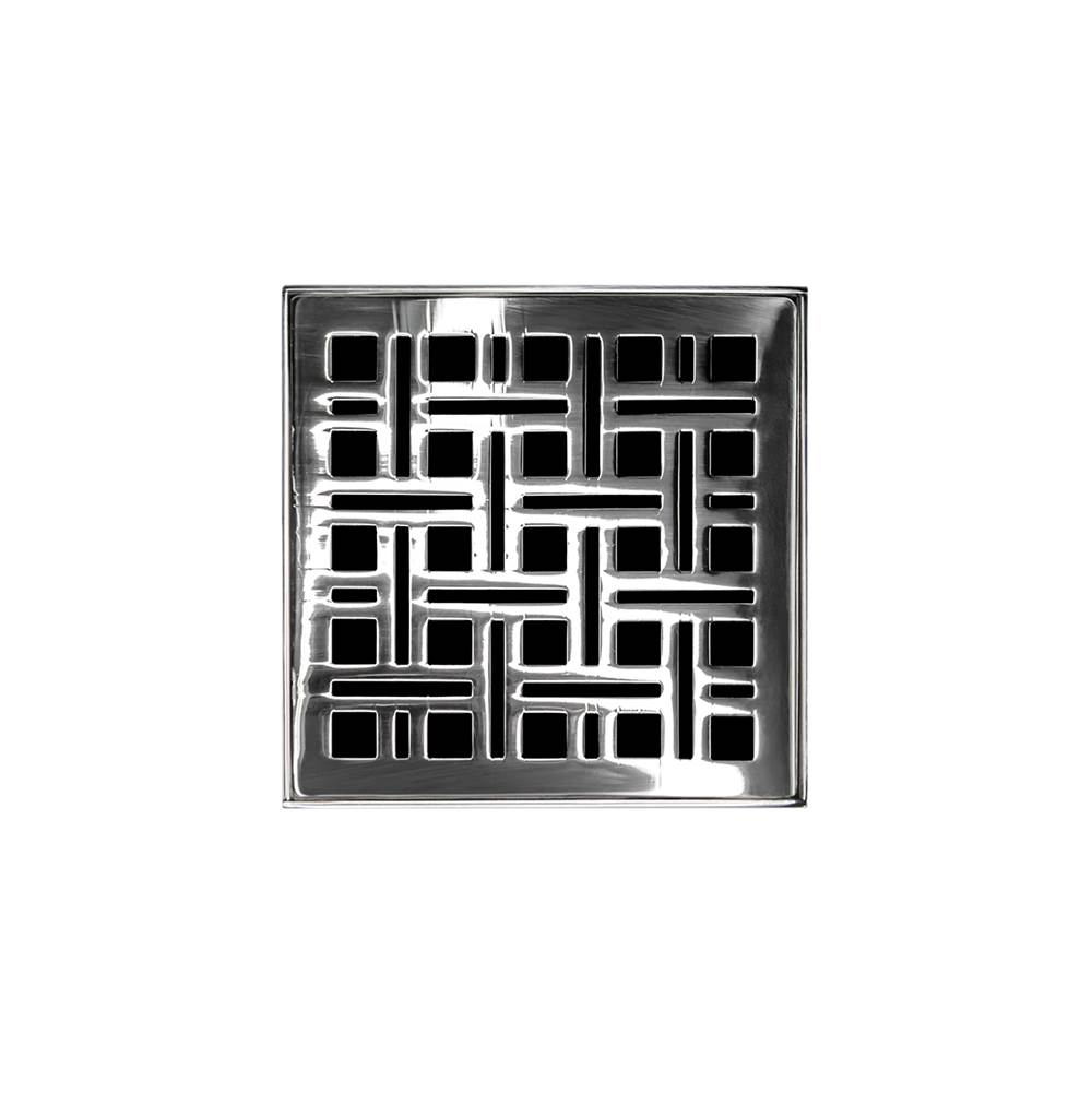 Infinity Drain 4'' x 4'' VDB 4 Complete Kit with Weave Pattern Decorative Plate in Polished Stainless with Stainless Steel Bonded Flange Drain Body, 2'' No Hub Outlet