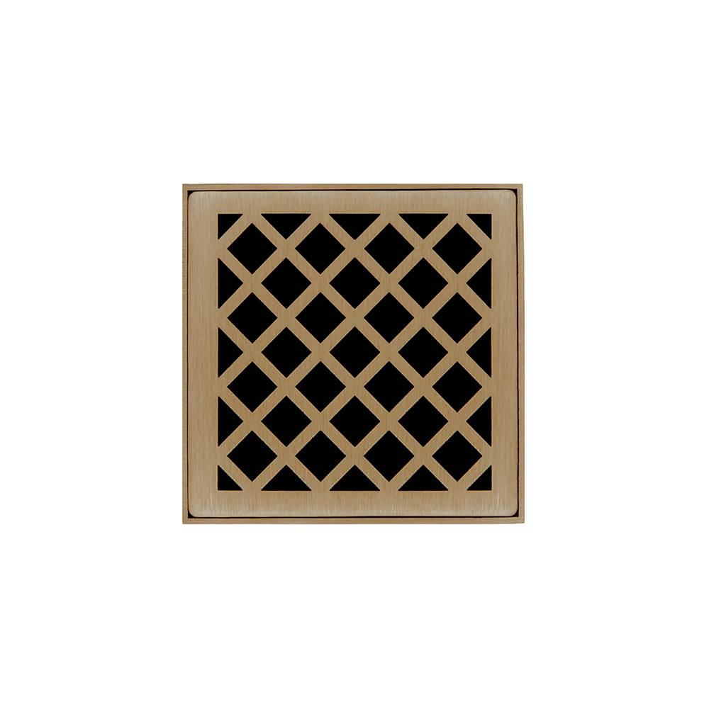 Infinity Drain 4'' x 4'' XD 4 Complete Kit with Criss-Cross Pattern Decorative Plate in Satin Bronze with Cast Iron Drain Body, 2'' Outlet