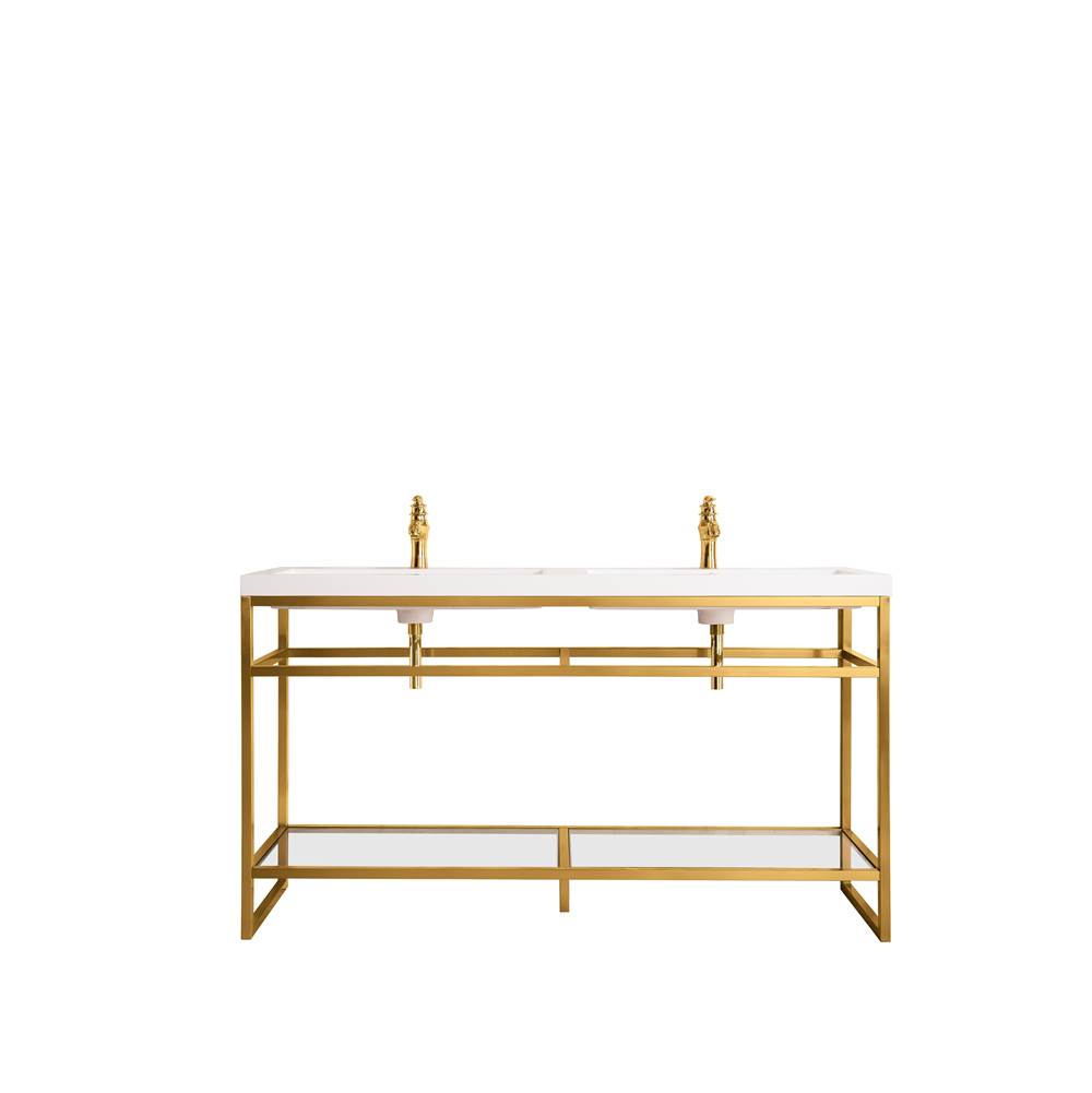 James Martin Vanities Boston 63'' Stainless Steel Sink Console (Double Basins), Radiant Gold w/ White Glossy Composite Countertop