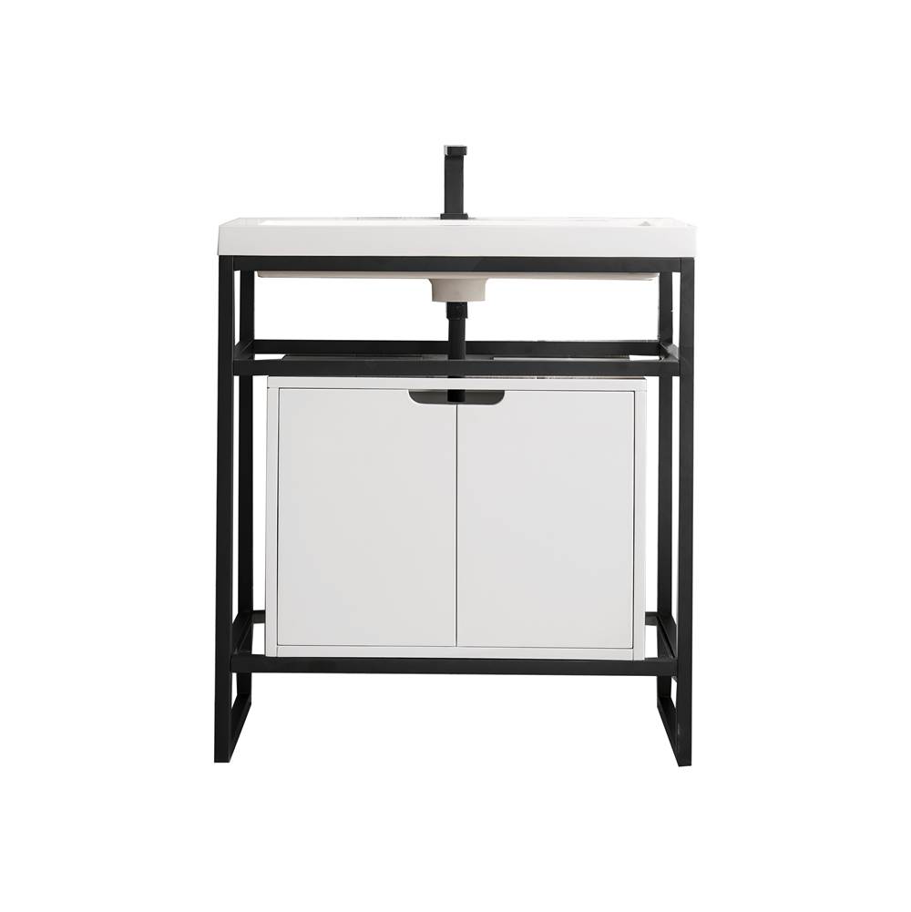 James Martin Vanities Boston 31.5'' Stainless Steel Sink Console, Matte Black w/ Glossy White Storage Cabinet, White Glossy Composite Countertop