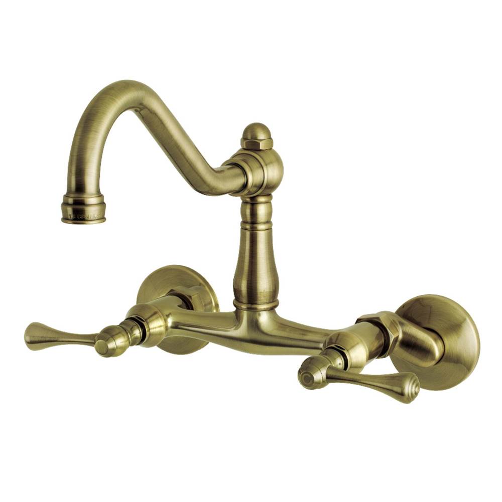 Kingston Brass Vintage 6'' Adjustable Center Wall Mount Kitchen Faucet, Antique Brass