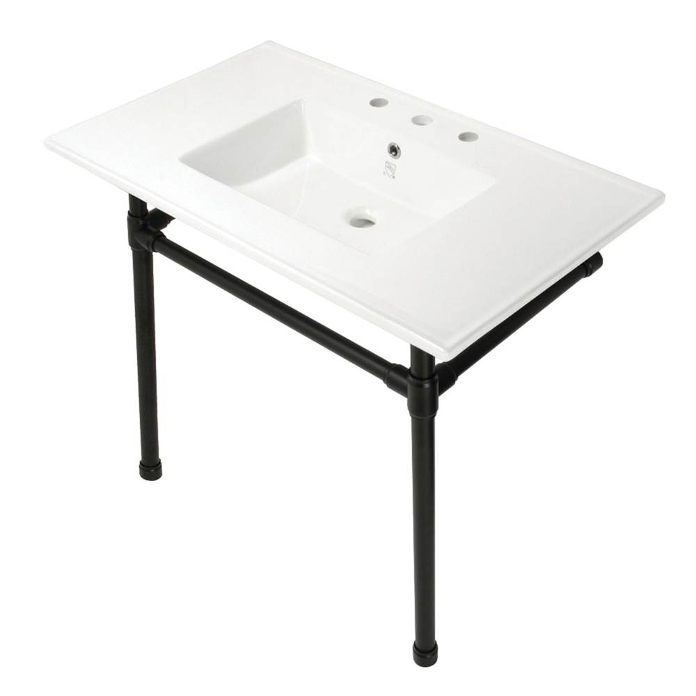 Kingston Brass Dreyfuss 37-Inch Console Sink with Stainless Steel Legs (8-Inch, 3 Hole), White/Matte Black