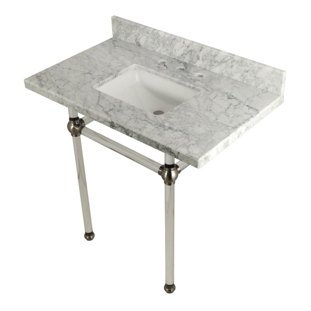 Kingston Brass Templeton 36'' x 22'' Carrara Marble Vanity Top with Clear Acrylic Console Legs, Carrara Marble/Brushed Nickel