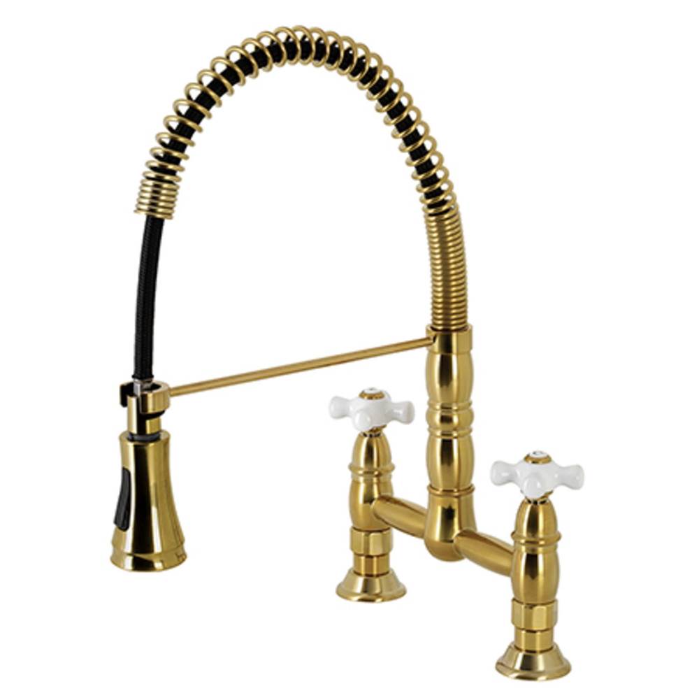Kingston Brass Gourmetier Heritage Two-Handle Deck-Mount Pull-Down Sprayer Kitchen Faucet, Brushed Brass