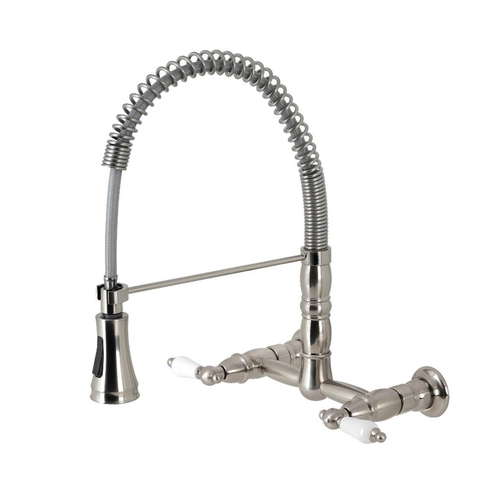 Kingston Brass Gourmetier Heritage Two-Handle Wall-Mount Pull-Down Sprayer Kitchen Faucet, Brushed Nickel