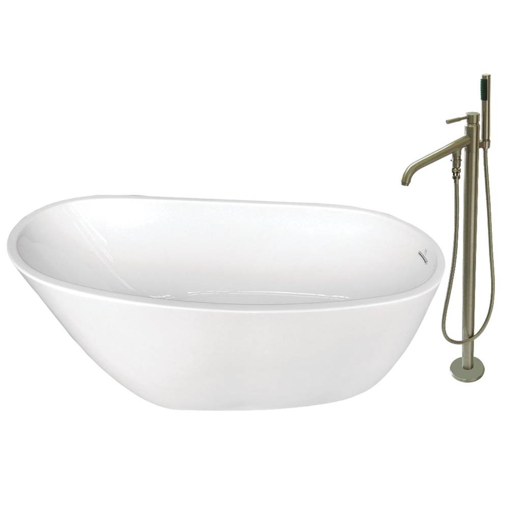 Kingston Brass Aqua Eden 59-Inch Acrylic Single Slipper Freestanding Tub Combo with Faucet and Drain, White/Brushed Nickel
