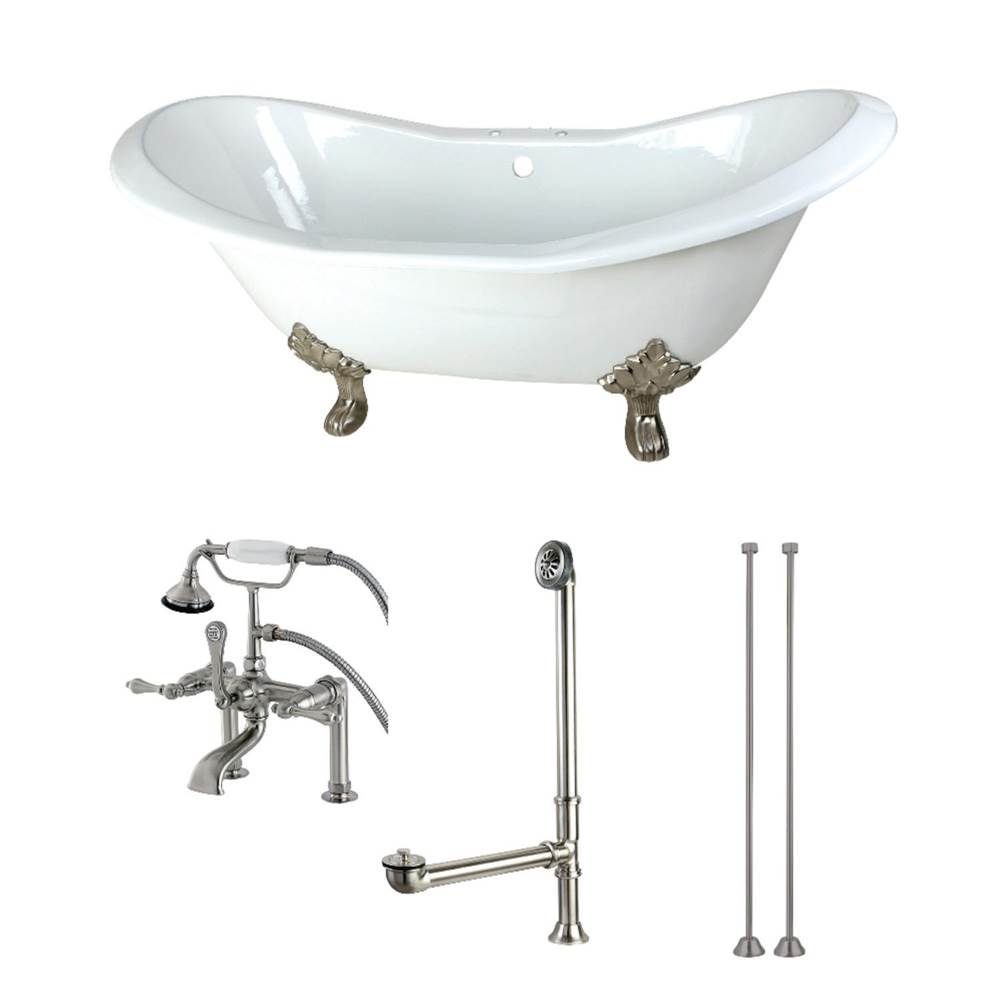 Kingston Brass Aqua Eden 72-Inch Cast Iron Double Slipper Clawfoot Tub Combo with Faucet and Supply Lines, White/Brushed Nickel