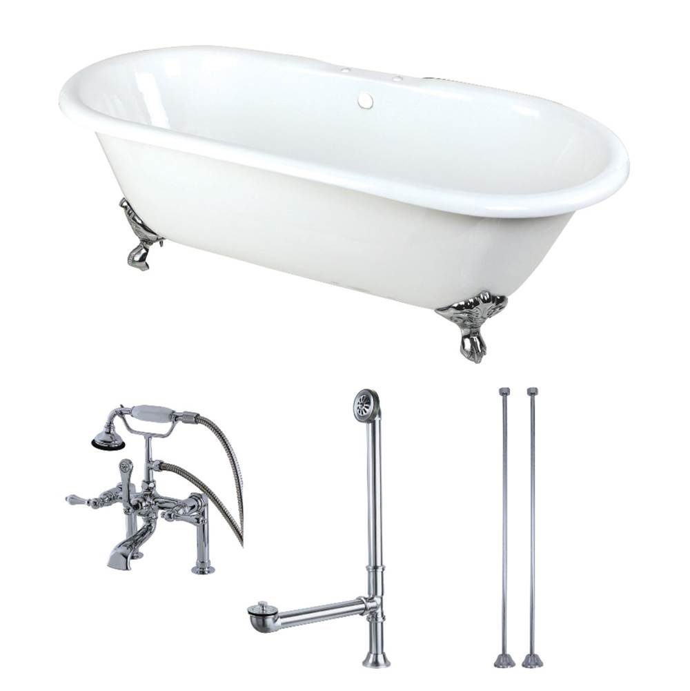 Kingston Brass Aqua Eden 66-Inch Cast Iron Double Ended Clawfoot Tub Combo with Faucet and Supply Lines, White/Polished Chrome