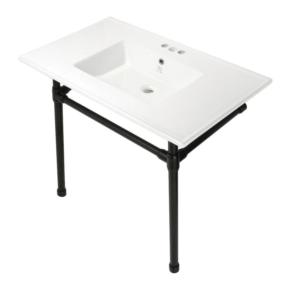 Kingston Brass Dreyfuss 37-Inch Console Sink with Stainless Steel Legs (4-Inch, 3 Hole), White/Matte Black