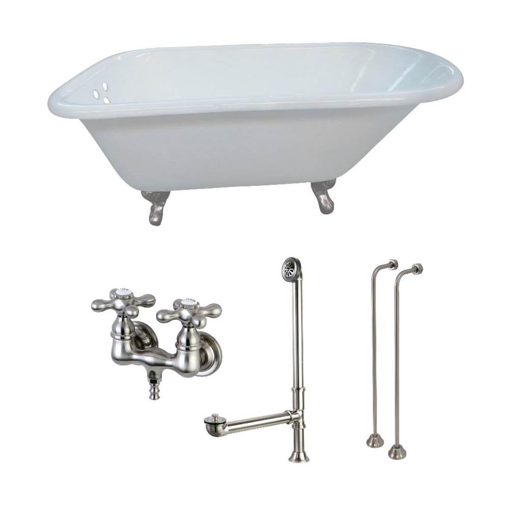 Kingston Brass Aqua Eden 54-Inch Cast Iron Roll Top Clawfoot Tub Combo with Faucet and Supply Lines, White/Brushed Nickel