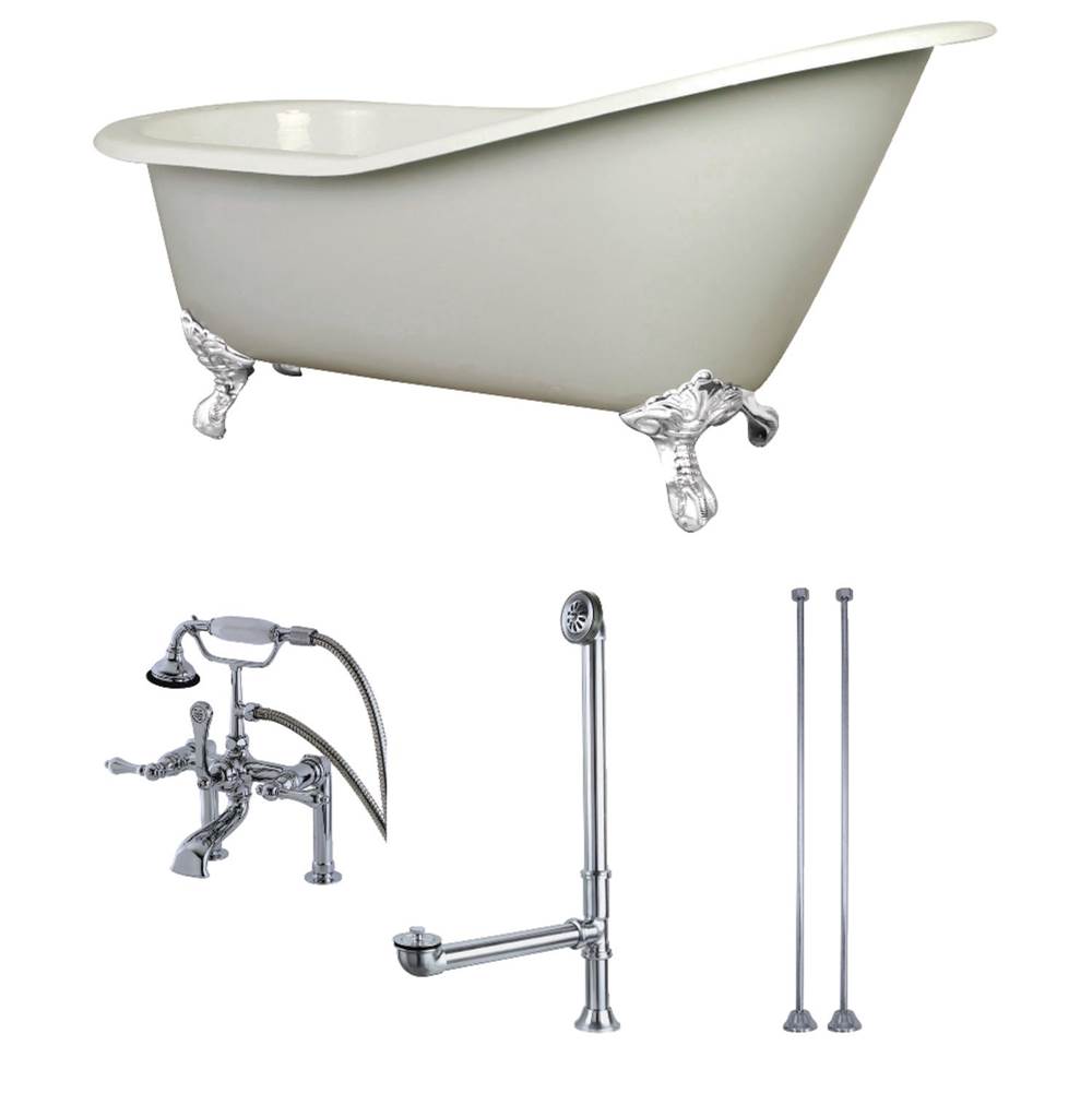 Kingston Brass Aqua Eden 62-Inch Cast Iron Single Slipper Clawfoot Tub Combo with Faucet and Supply Lines, White