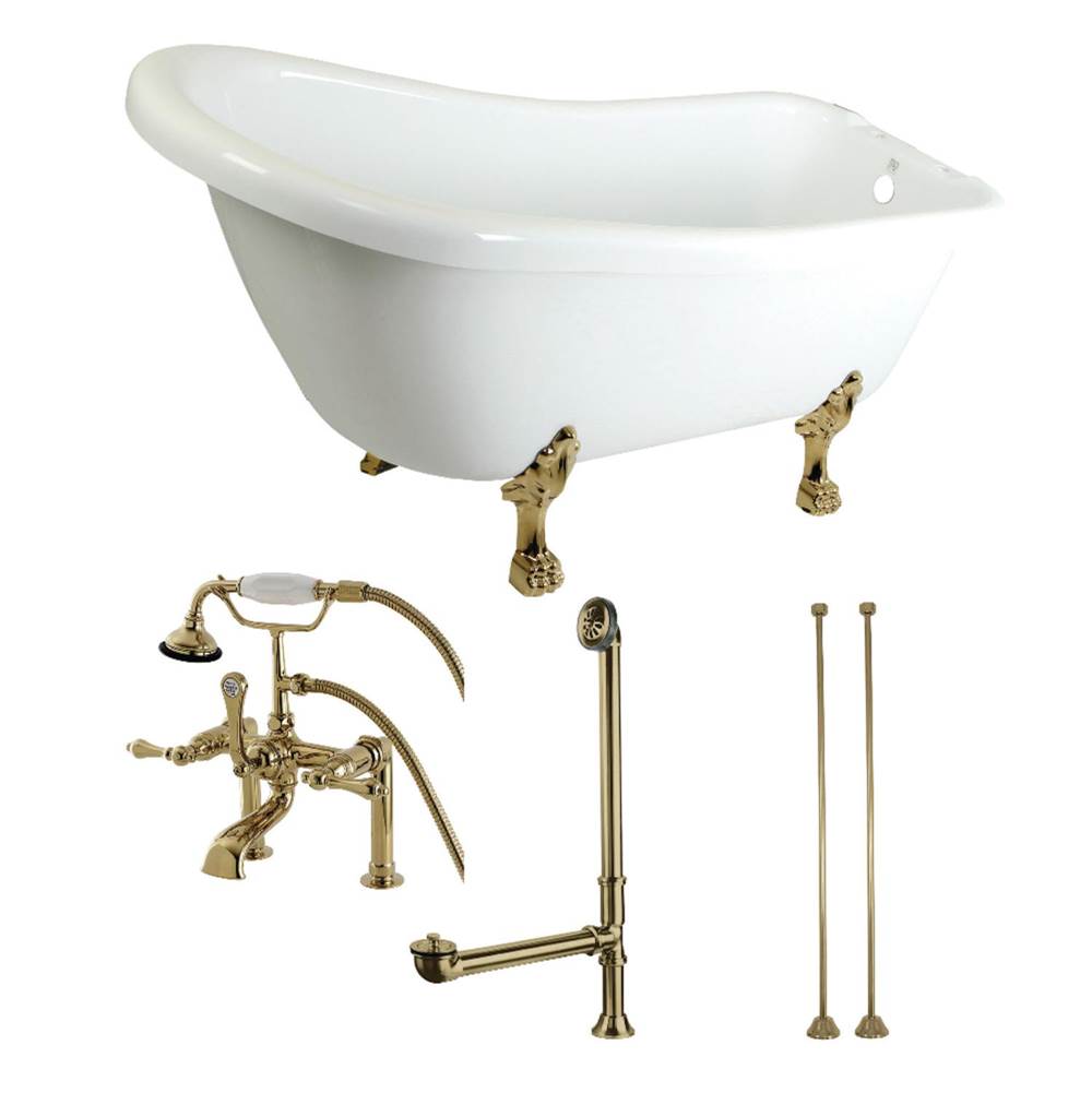 Kingston Brass Aqua Eden 67-Inch Acrylic Single Slipper Clawfoot Tub Combo with Faucet and Supply Lines, White/Polished Brass