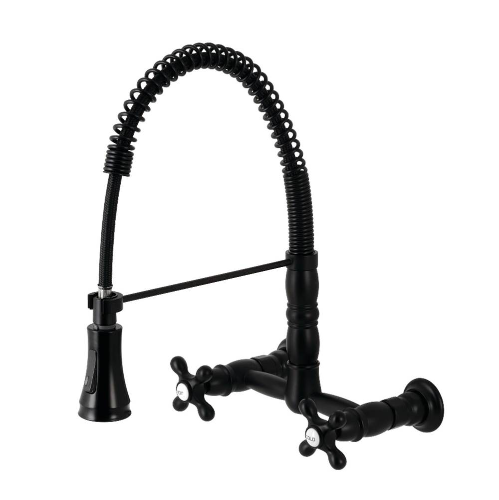 Kingston Brass Gourmetier Heritage Two-Handle Wall-Mount Pull-Down Sprayer Kitchen Faucet, Matte Black