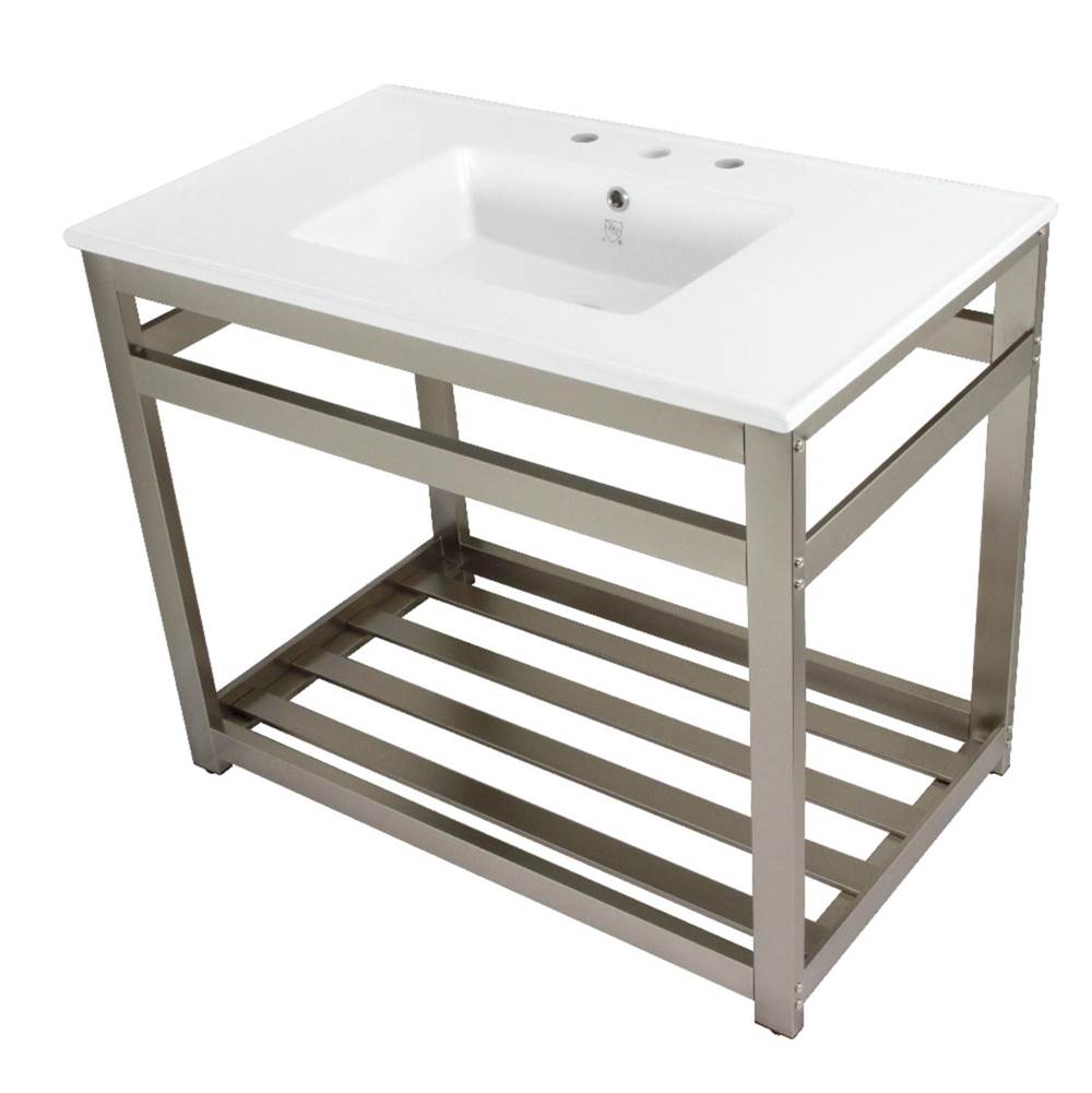 Kingston Brass Fauceture Quadras 37-Inch Ceramic Console Sink (8-Inch, 3-Hole), White/Brushed Nickel
