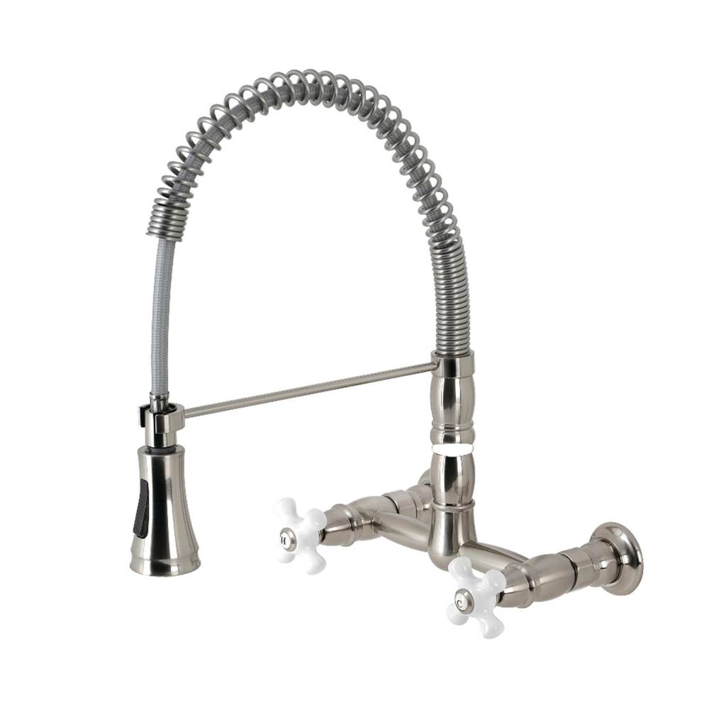 Kingston Brass Gourmetier Heritage Two-Handle Wall-Mount Pull-Down Sprayer Kitchen Faucet, Brushed Nickel