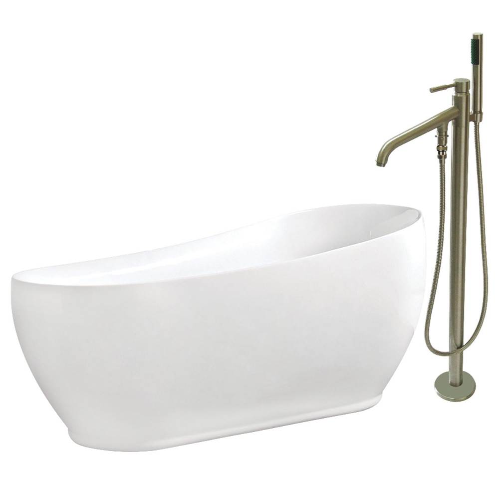 Kingston Brass Aqua Eden 71-Inch Acrylic Single Slipper Freestanding Tub Combo with Faucet and Drain, White/Brushed Nickel