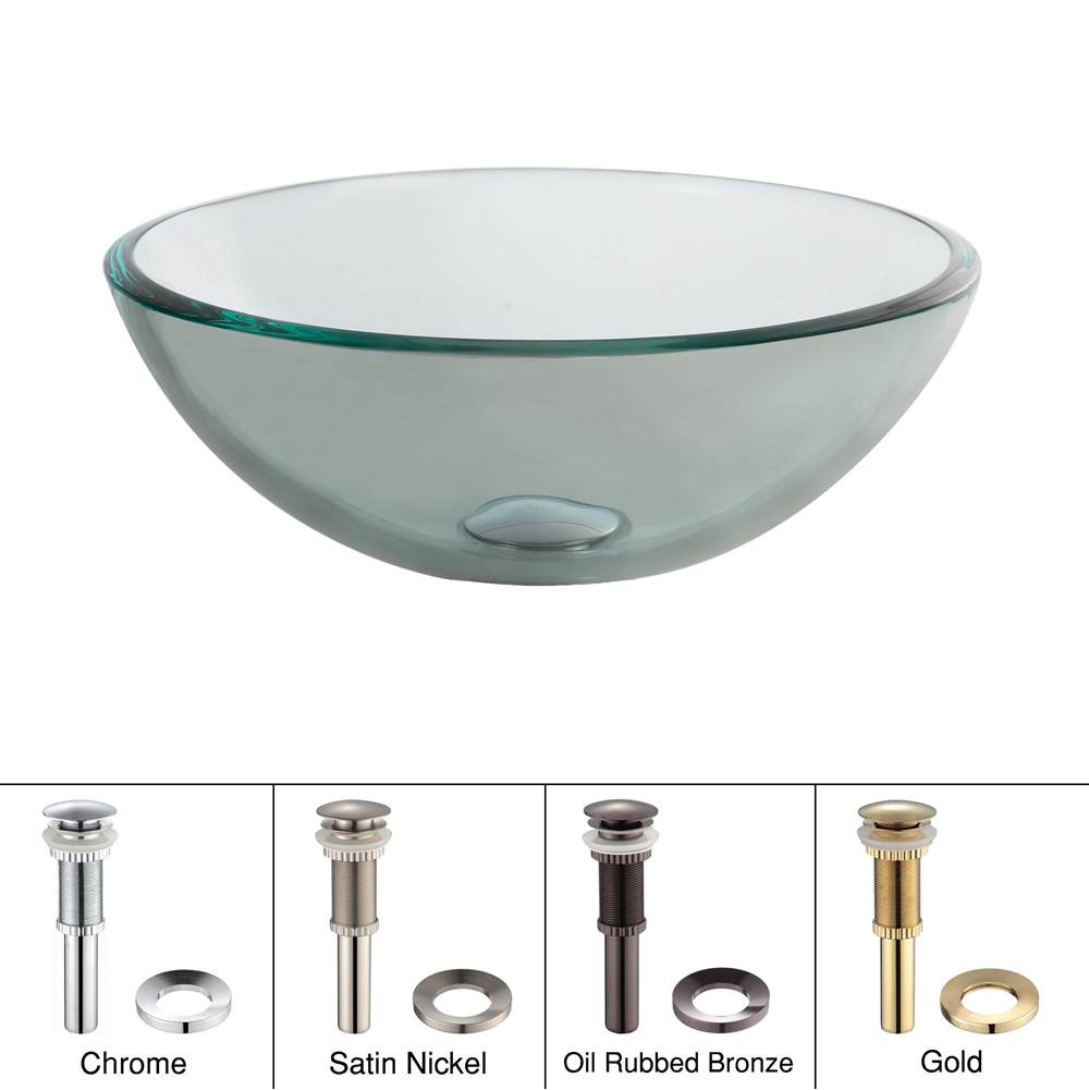 Kraus KRAUS 14 Inch Glass Vessel Sink in Clear with Pop-Up Drain and Mounting Ring in Chrome