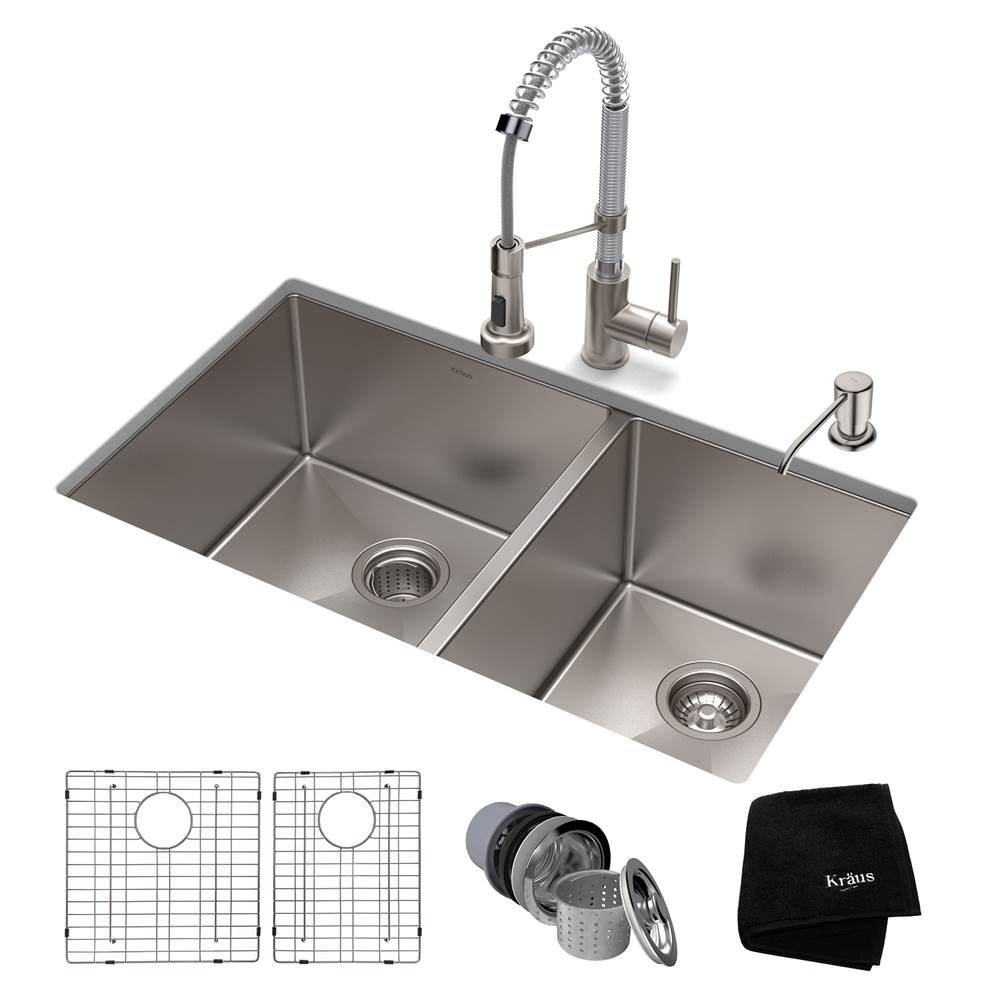 Kraus 33-inch 16 Gauge Double Bowl 60/40 Standart PRO Kitchen Sink Combo Set with Bolden 18-inch Faucet and Soap Dispenser, Stainless Steel Chrome Finish