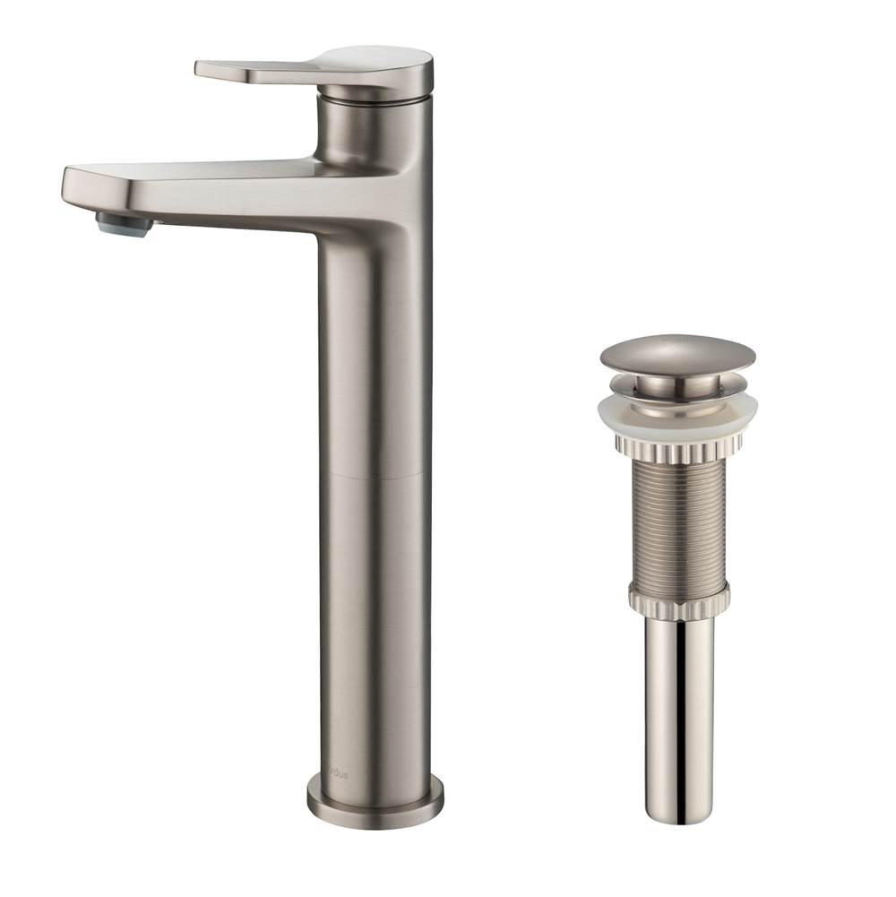 Kraus Indy Single Handle Vessel Bathroom Faucet in Spot Free Stainless Steel with Matching Pop-Up Drain