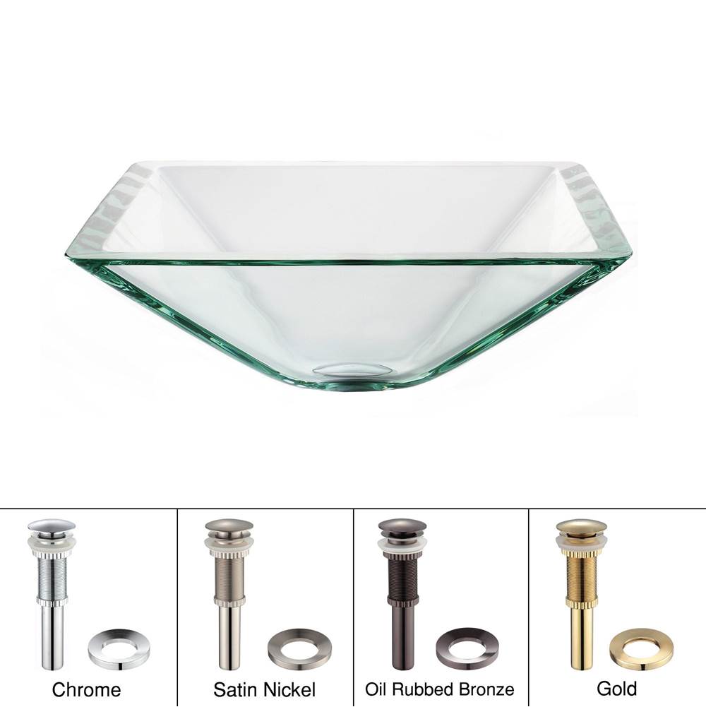 Kraus KRAUS Square Glass Vessel Sink in Clear with Pop-Up Drain and Mounting Ring in Chrome