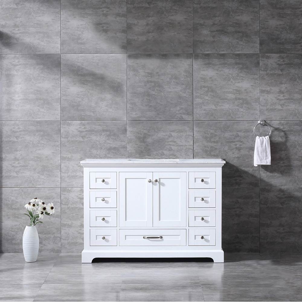Lexora Dukes 48'' White Single Vanity, White Carrara Marble Top, White Square Sink and no Mirror