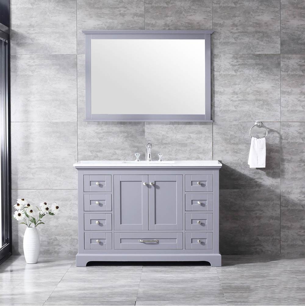 Lexora Dukes 48'' Dark Grey Single Vanity, White Carrara Marble Top, White Square Sink and 46'' Mirror w/ Faucet