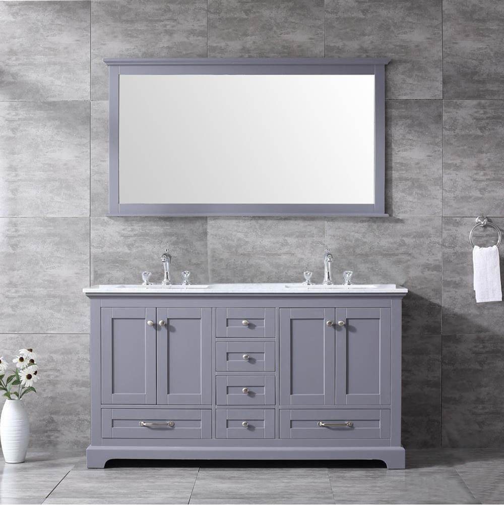 Lexora Dukes 60'' Dark Grey Double Vanity, White Carrara Marble Top, White Square Sinks and 58'' Mirror w/ Faucets
