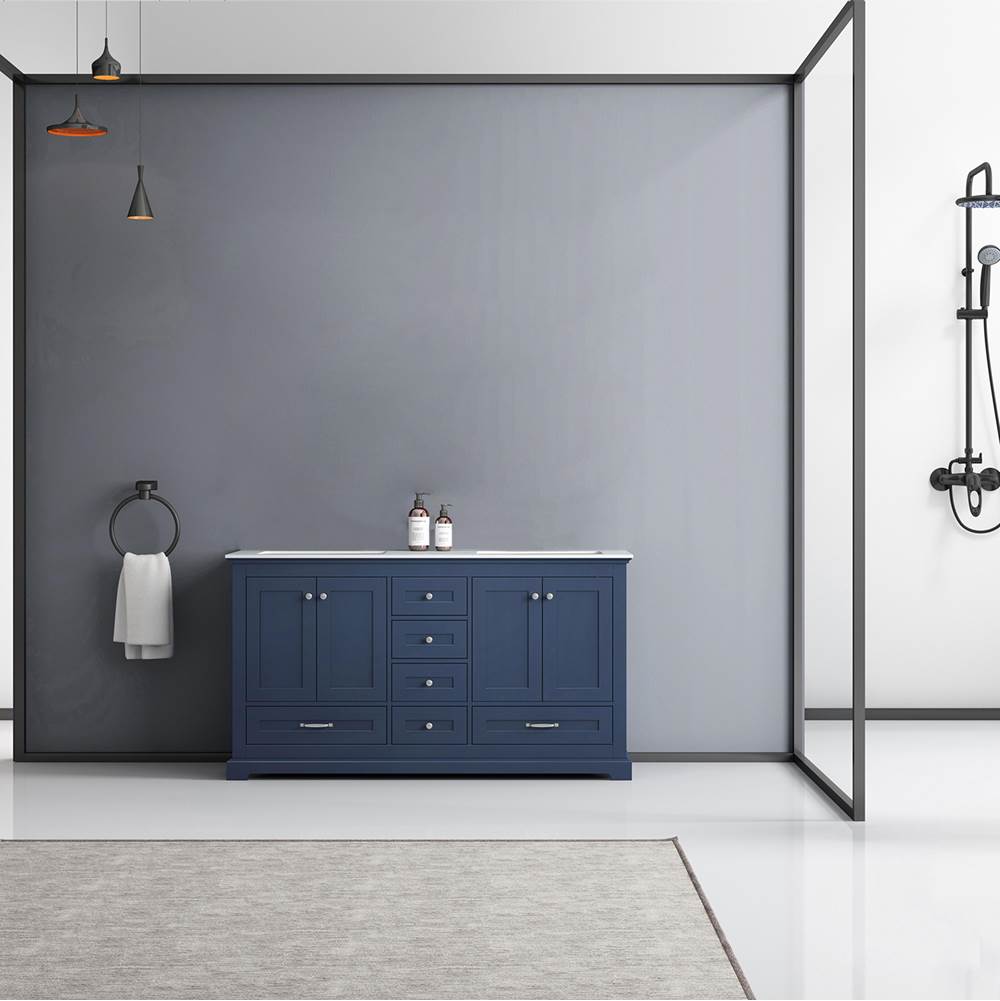 Lexora Dukes 60'' Navy Blue Double Vanity, White Carrara Marble Top, White Square Sinks and no Mirror