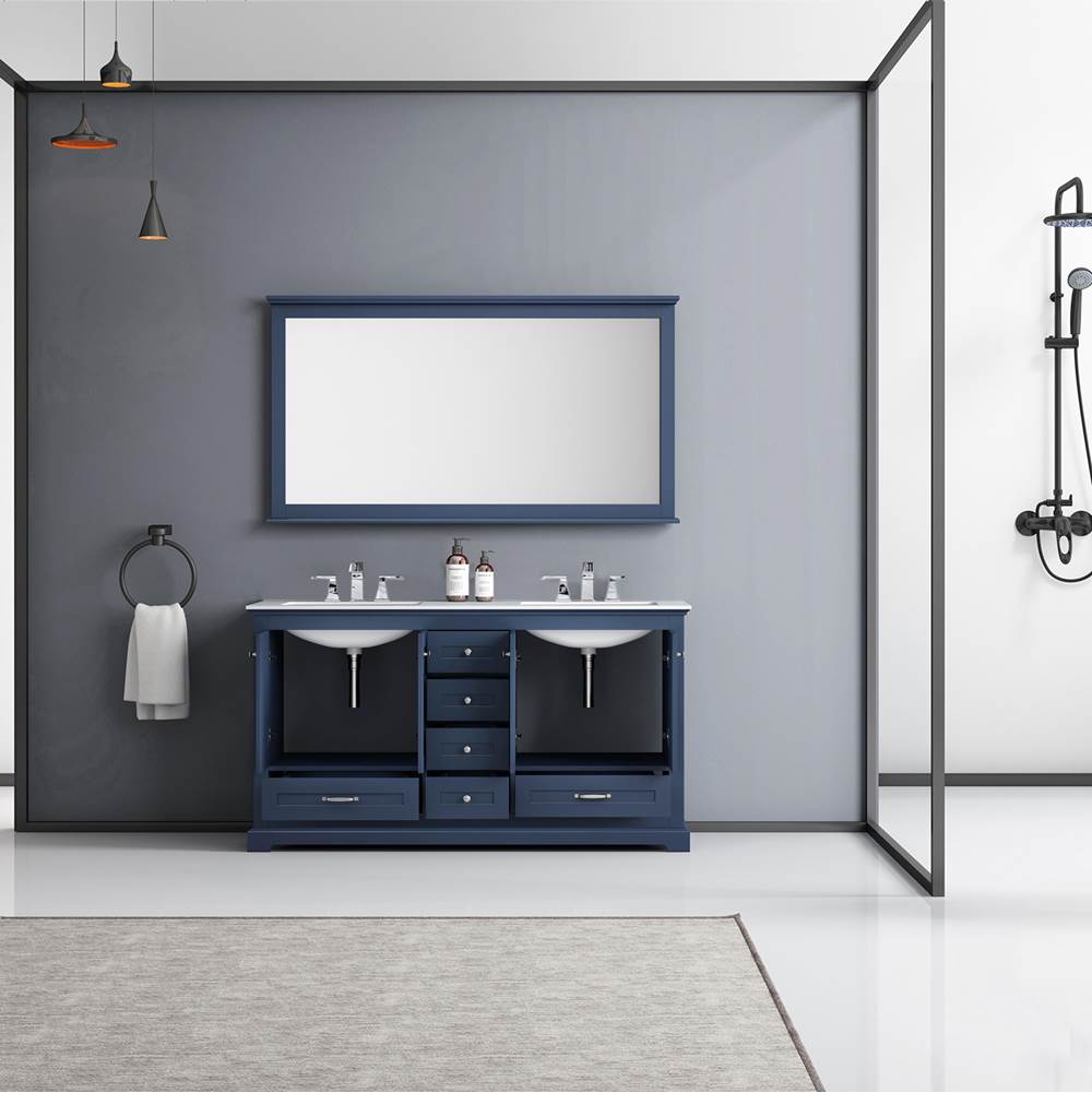 Lexora Dukes 60'' Navy Blue Double Vanity, White Carrara Marble Top, White Square Sinks and 58'' Mirror w/ Faucets