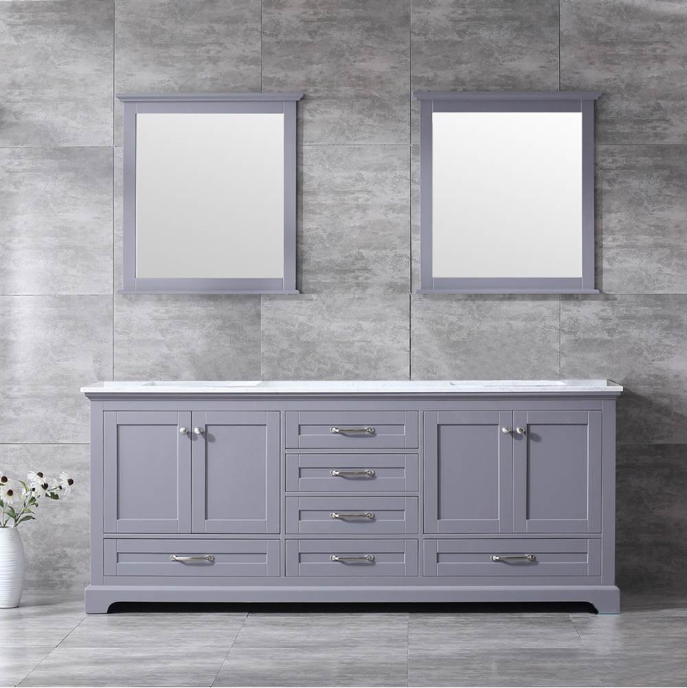 Lexora Dukes 80'' Dark Grey Double Vanity, White Carrara Marble Top, White Square Sinks and 30'' Mirrors
