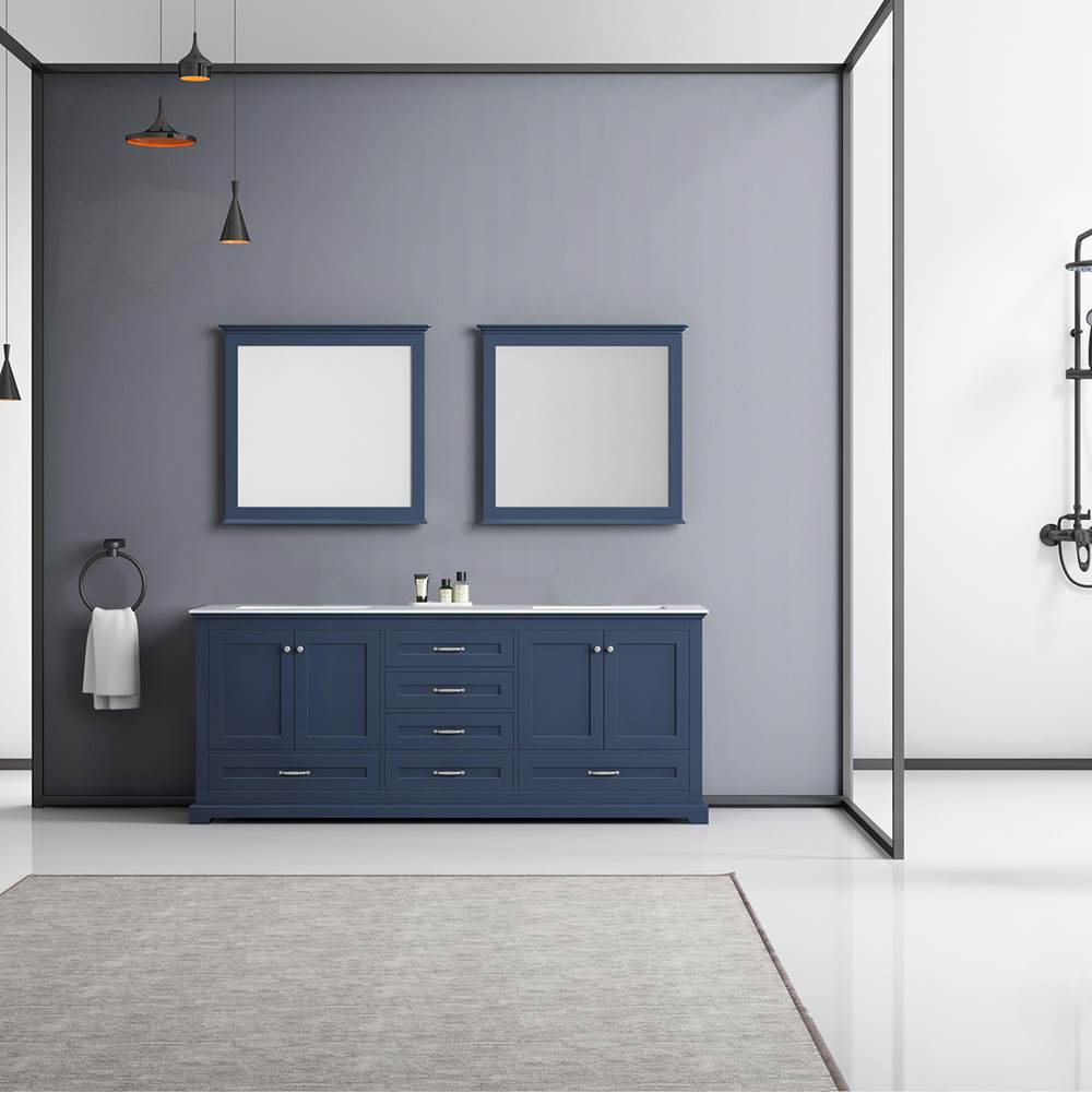 Lexora Dukes 80'' Navy Blue Double Vanity, White Carrara Marble Top, White Square Sinks and 30'' Mirrors